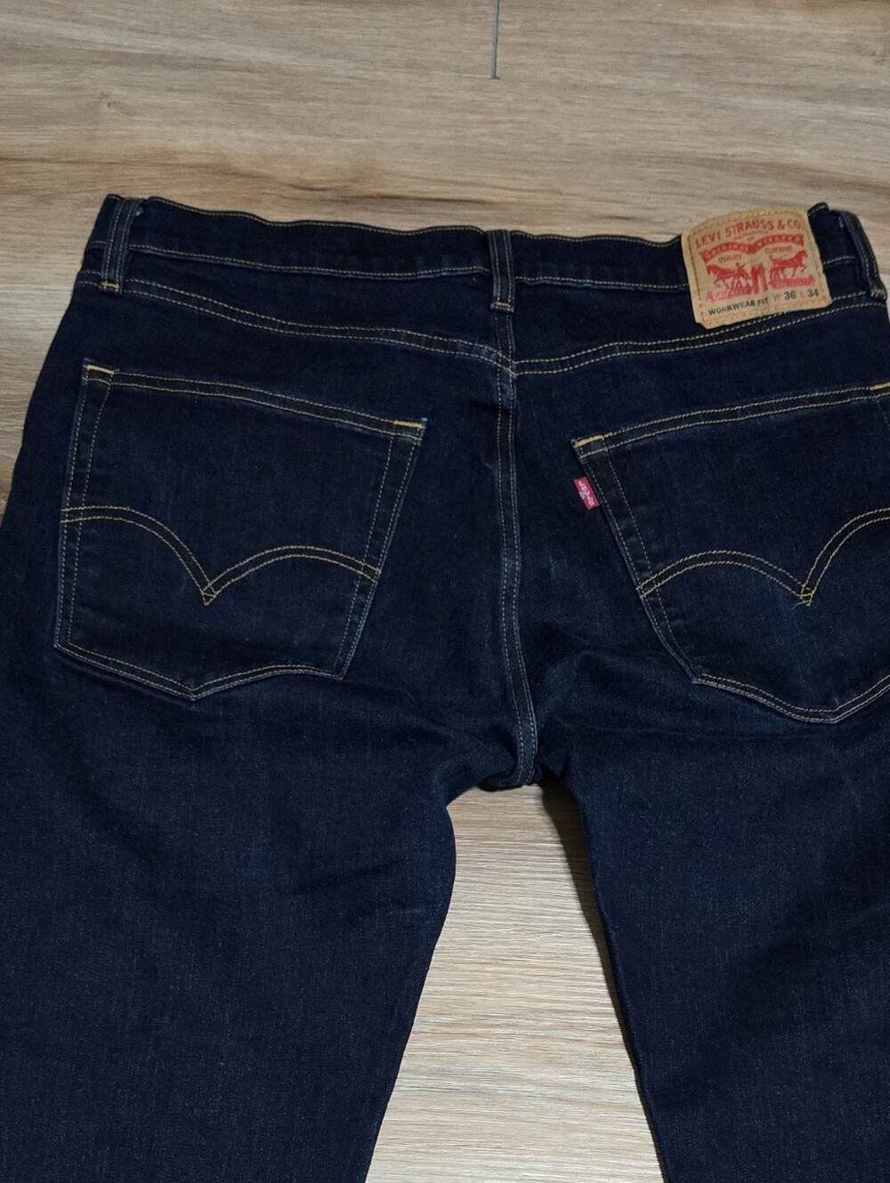 Levis Workwear Fit Raw Hem Men's Dark Blue Straight-Leg Unisex Jeans Size 36